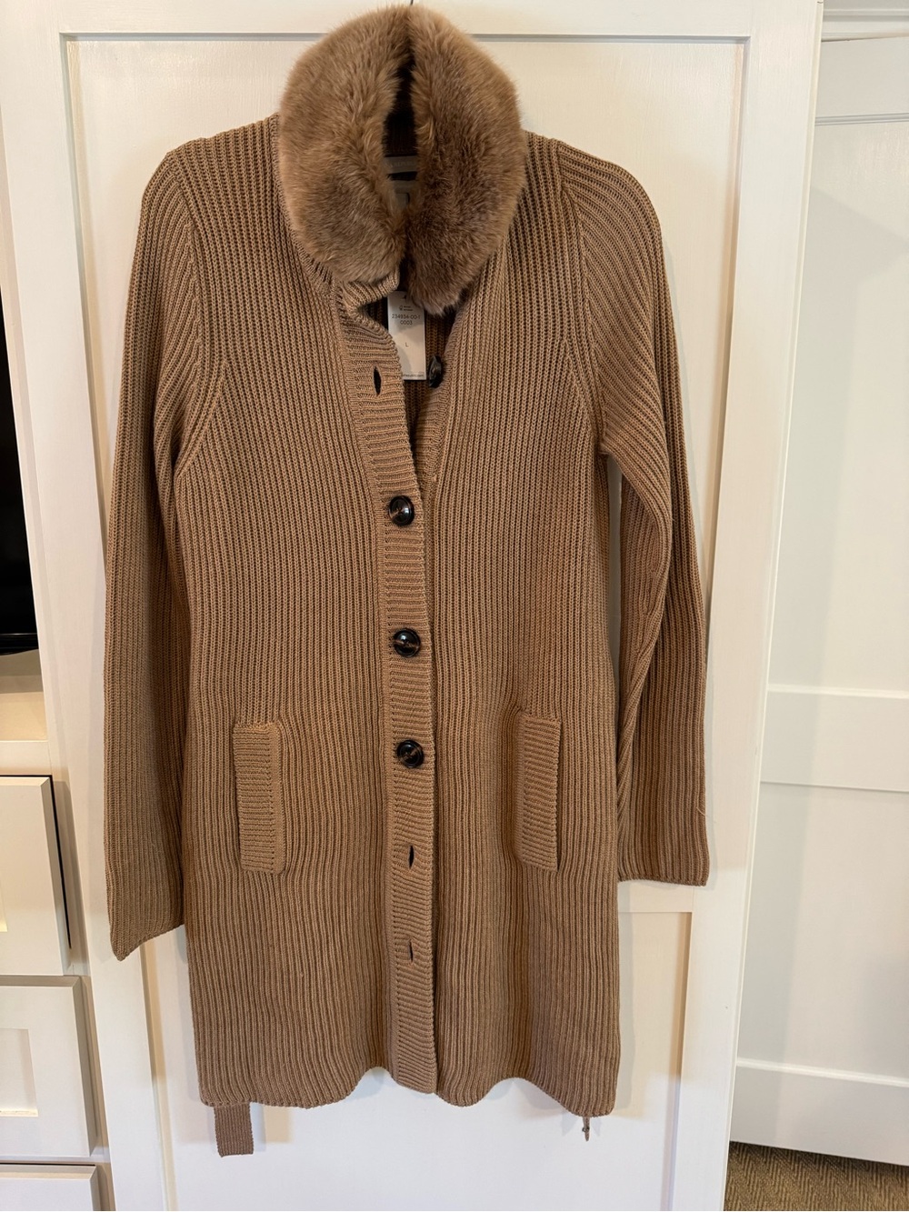 Faux Fur Collar Ribbed Knit Long Cardigan - Camel Brown